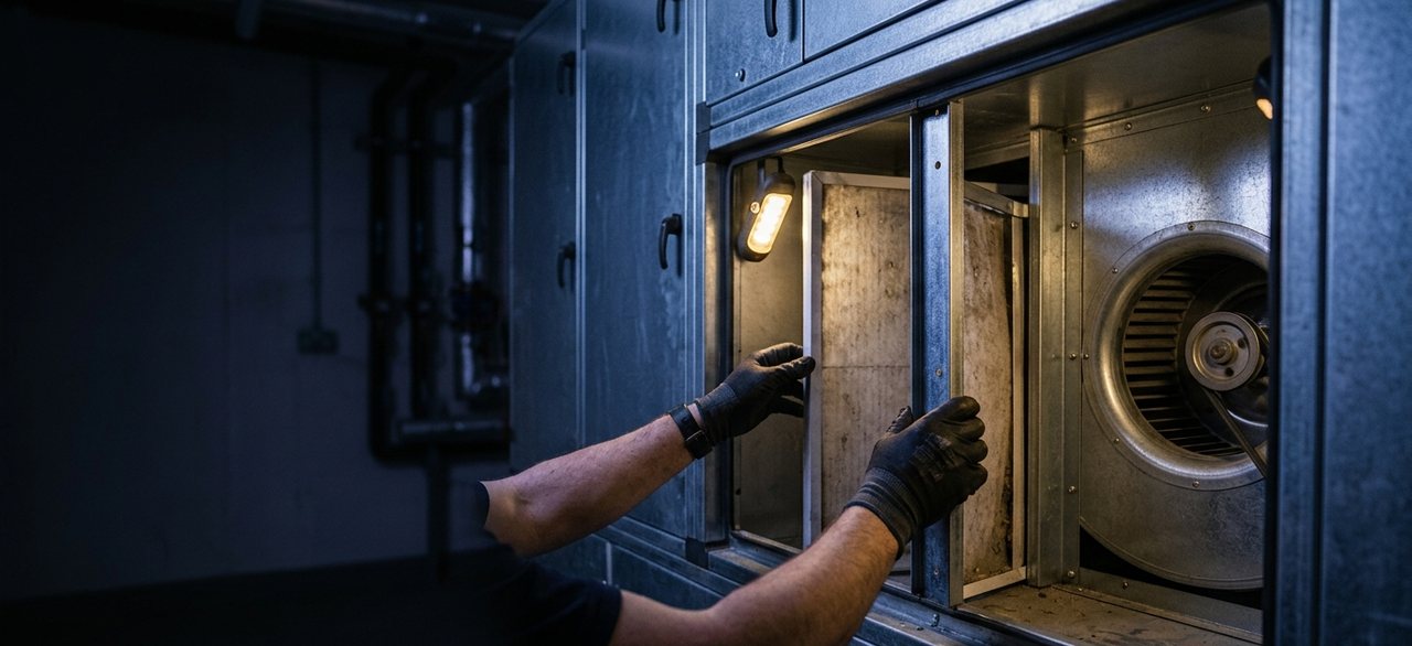 Engineer servicing a commercial air handling unit
